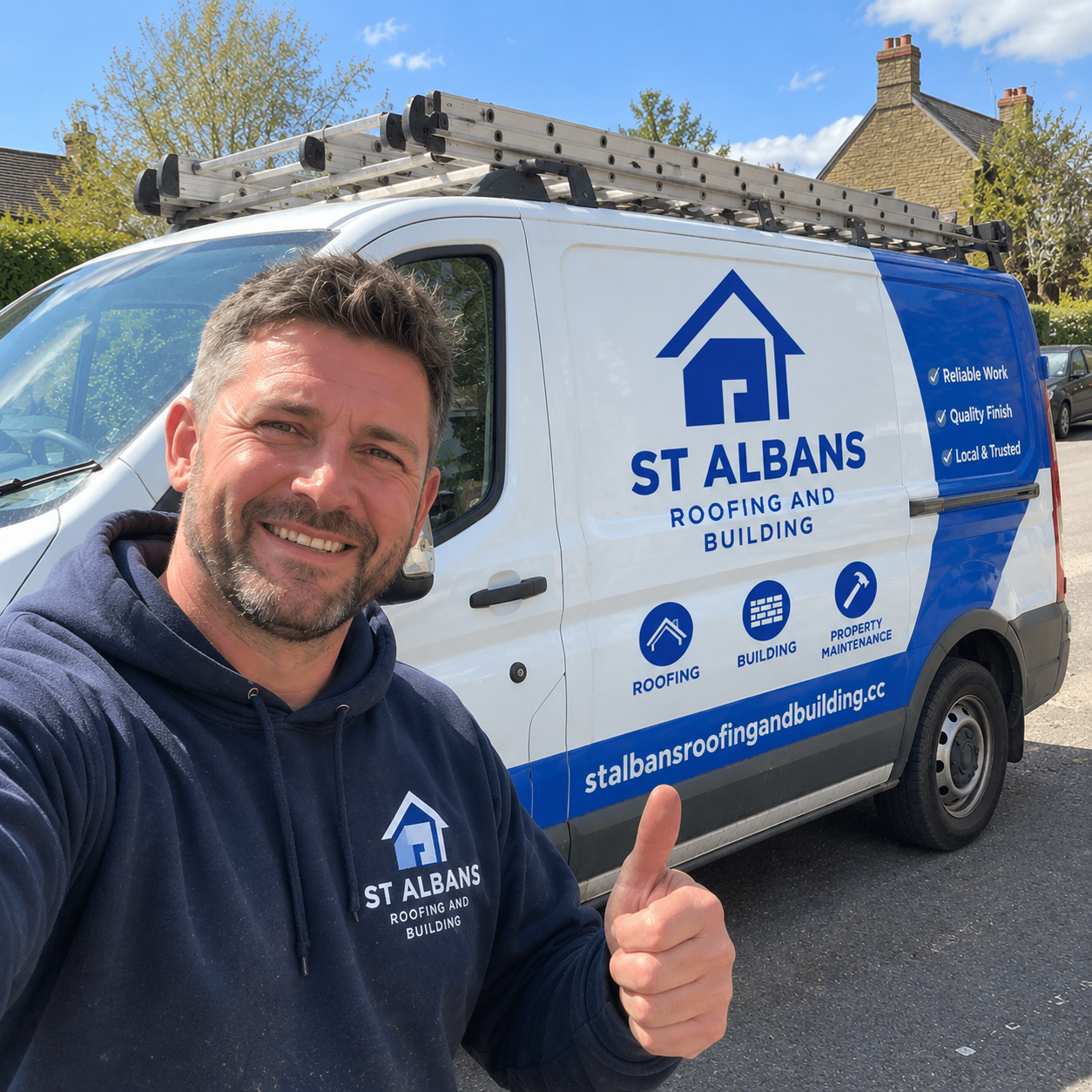 Alex, owner of St Albans Roofing and Building, beside the company van